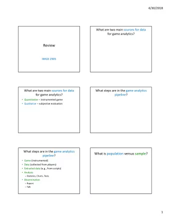 Review  IMGD 2905  What are two main sources for data  What steps are in the game analytics  for