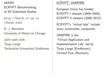 eBASH:  ECRYPT, VAMPIRE  ECRYPT Benchmarking  European Union has funded  of All Submitted Hashes
