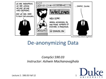 De-anonymizing Data  CompSci 590.03  Instructor: Ashwin Machanavajjhala  Lecture 2 : 590.03 Fall 12