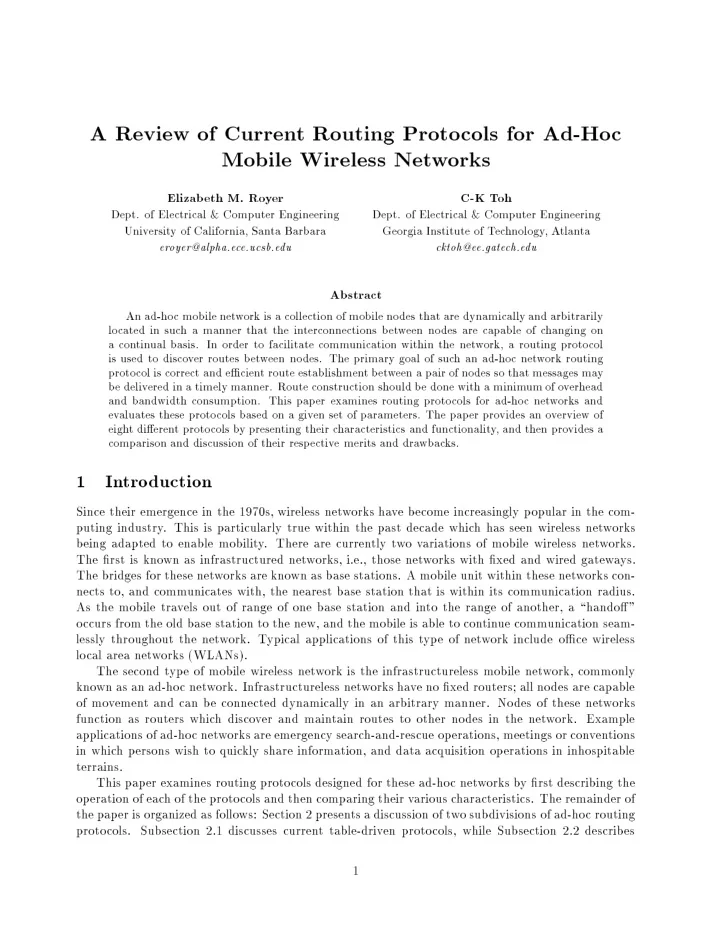 a review of curren t routing proto cols for ad ho c
