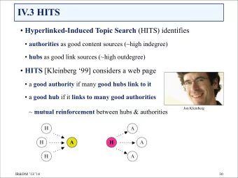 IV.3 HITS  Hyperlinked-Induced Topic Search (HITS) identifies  authorities as good content