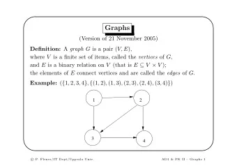 Graphs  (Version of 21 November 2005) Definition: A graph G is a pair ( V, E ), where V is a finite