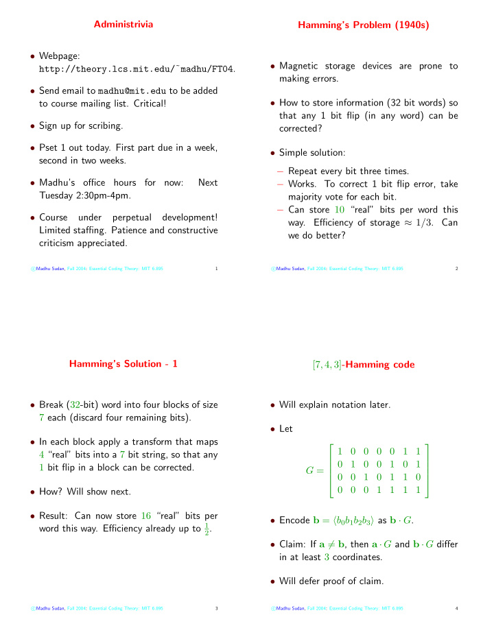 administrivia hamming s problem 1940s webpage magnetic