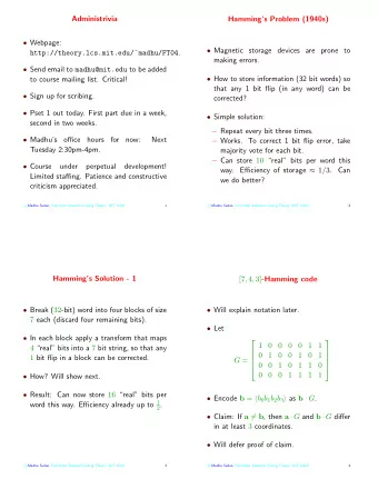 Administrivia  Hammings Problem (1940s)  Webpage:  Magnetic storage devices are prone to