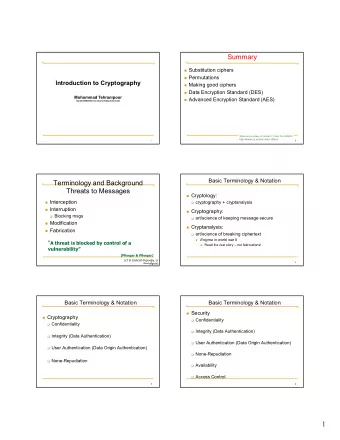 Benefits of Cryptography  Basic Cryptographic Scheme  Improvement not a Solution!  original
