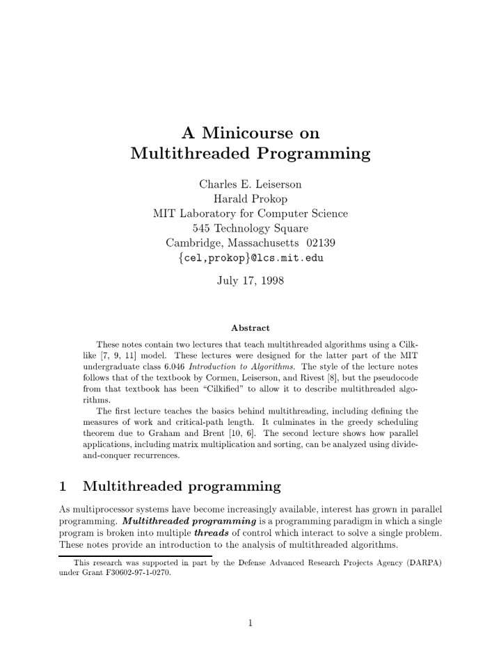 a minicourse on multithreaded programming charles e