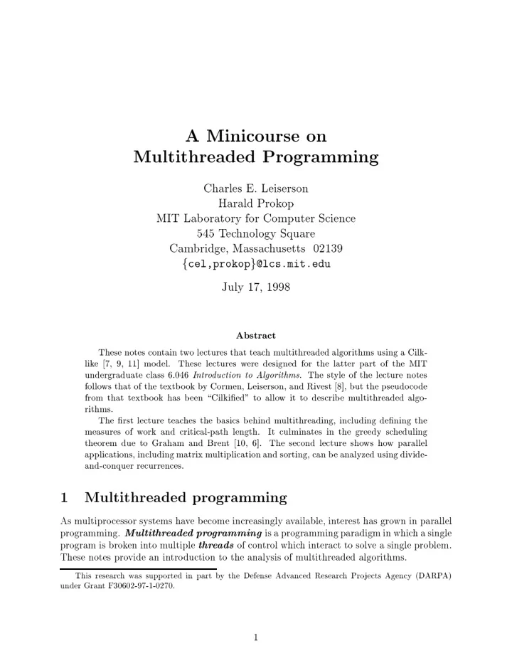 a minicourse on multithreaded programming charles e