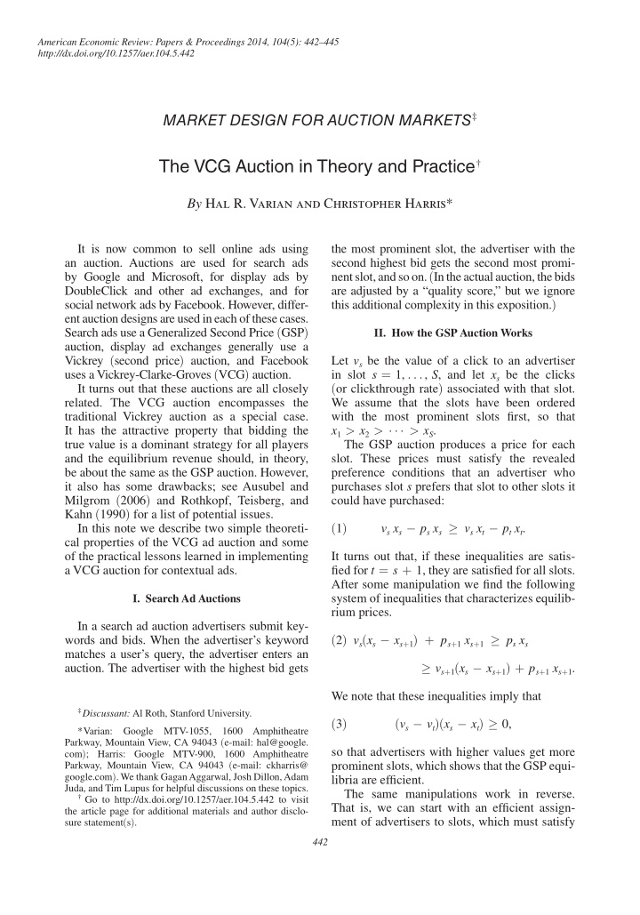 the vcg auction in theory and practice