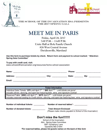 MEET ME IN PARIS  Friday, April 28, 2017 7:00 P.M.  11:00 P.M.  Unity Hall at Holy Family Church