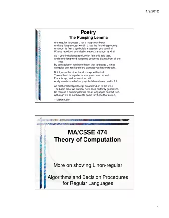 MA/CSSE 474  Theory of Computation  More on showing L non-regular  Algorithms and Decision