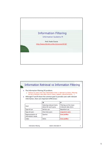 Information Filtering  Information Systems M  Prof. Paolo Ciaccia