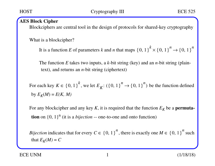 host cryptography iii ece 525 aes block cipher