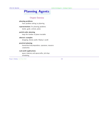 Planning Agents  Chapter Overview  planning problems  from problem solving to planning