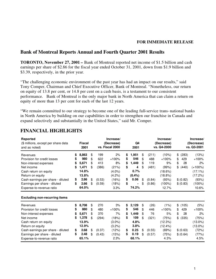 bank of montreal reports annual and fourth quarter 2001