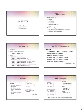 This Lecture  More SQL SELECT  Aliases  SQL SELECT II  Self - Joins  Subqueries