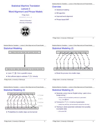 Statistical Machine Translation  Overview p  EM algorithm  Lecture 3  Improved word alignment