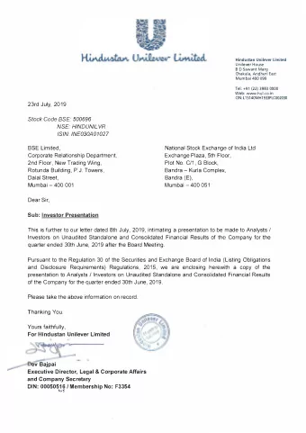 23rd July, 2019  Stock Code BSE: 500696  NSE: HINDUNIL VR  /SIN: INE030A01027  BSE Limited,