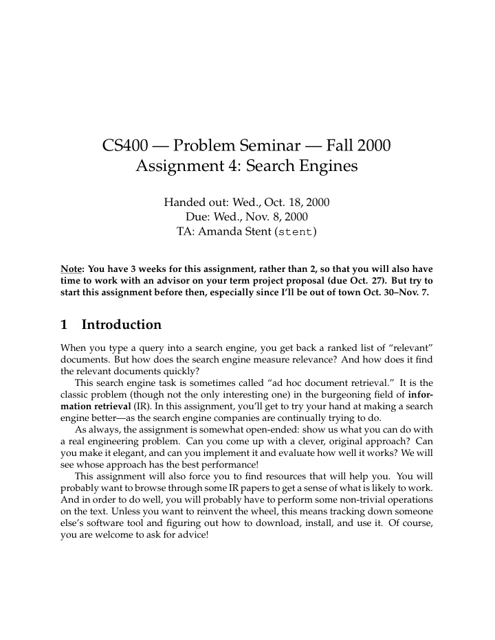 cs400 problem seminar fall 2000 assignment 4 search