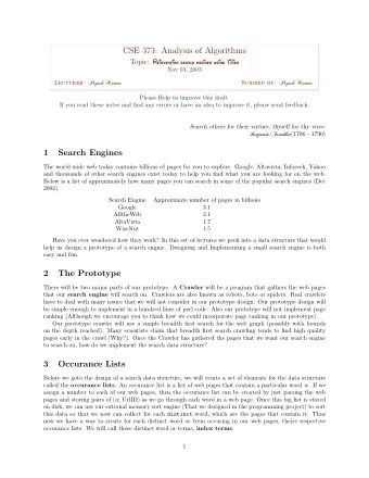 CSE 373: Analysis of Algorithms Topic: Reinventing search engines using Tries  Nov 03, 2003