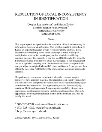 RESOLUTION OF LOCAL INCONSISTENCY  IN IDENTIFICATION Douglas Ray Anderson # and Martin Zwick*
