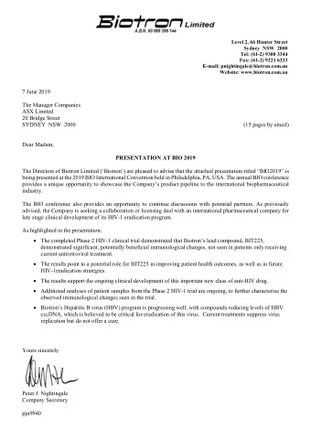 7 June 2019  The Manager Companies  ASX Limited  20 Bridge Street  SYDNEY  NSW  2000  (15 pages by