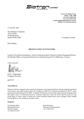 31 October 2019  The Manager Companies  ASX Limited  20 Bridge Street  Sydney NSW 2000  (13 pages