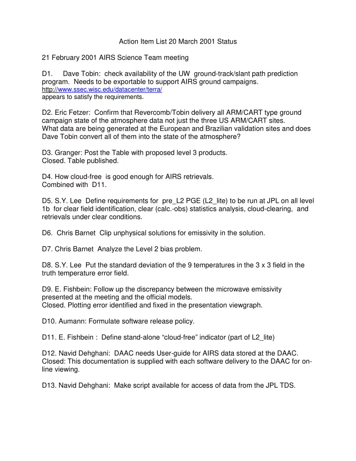 action item list 20 march 2001 status 21 february 2001