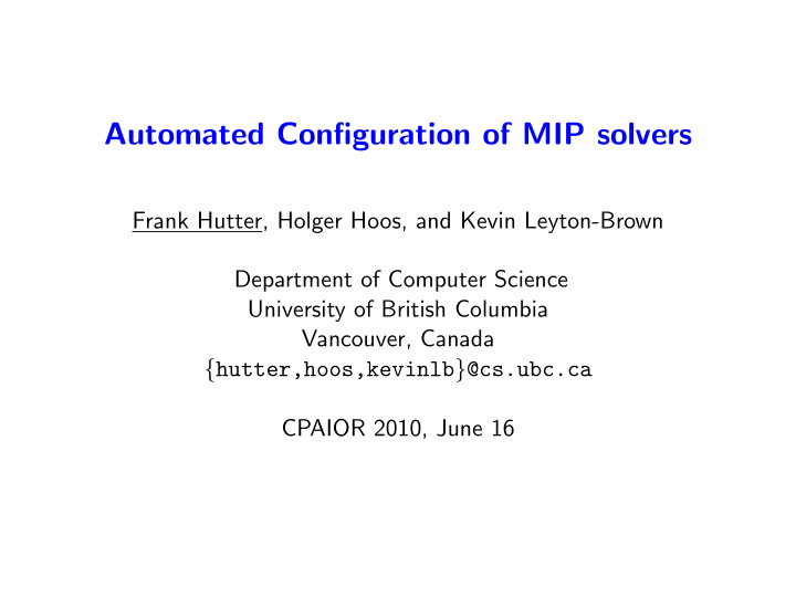 automated configuration of mip solvers