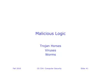 Malicious Logic  Trojan Horses  Viruses  Worms  Fall 2010  CS 334: Computer Security  Slide #1