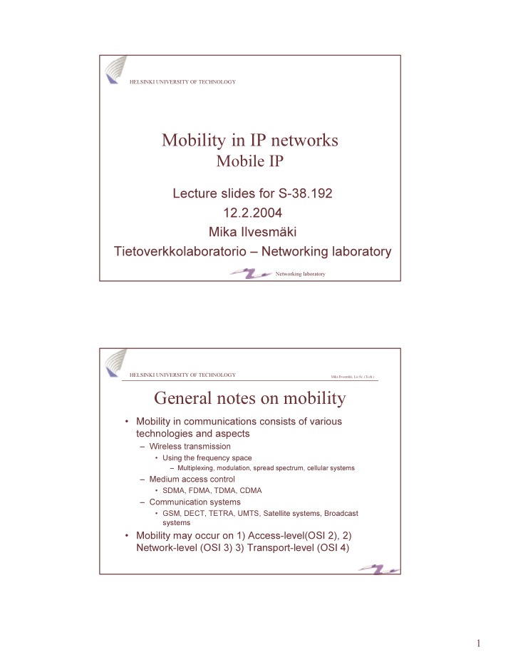 mobility in ip networks