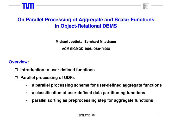 on parallel processing of aggregate and scalar functions