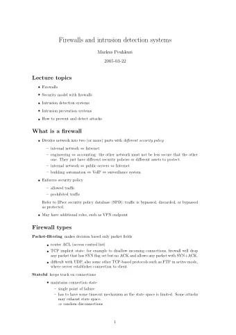 Firewalls and intrusion detection systems  Markus Peuhkuri  2005-03-22  Lecture topics  Firewalls