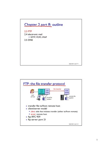 Chapter 2 part B: outline  2.3 FTP  2.4 electronic mail  SMTP, POP3, IMAP  2.5 DNS  Application