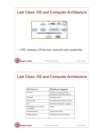 Last Class: OS and Computer Architecture  System bus  Network  card   CPU, memory, I/O devices,