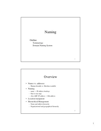 Naming  Outline  Terminology  Domain Naming System  1  Overview   Names vs. addresses
