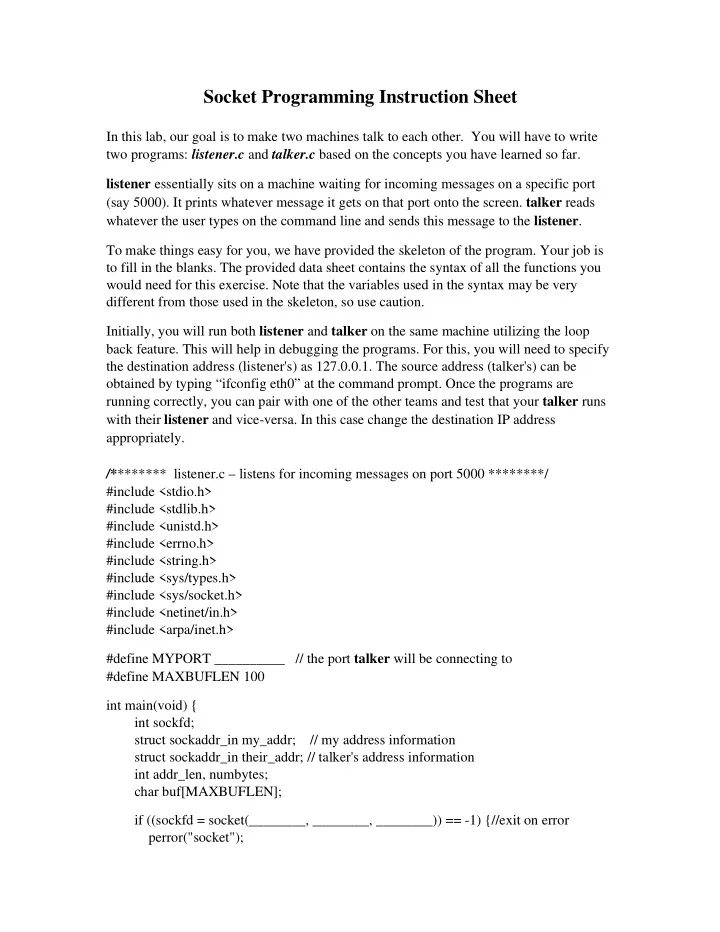 socket programming instruction sheet