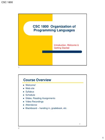 CSC 1800  Organization of  Programming Languages  Introduction, Welcome &amp;  Getting Started  1