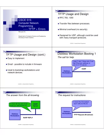 TFTP Usage and Design  RFC 783, 1350  CSCE 515:  Computer Network  Transfer files between