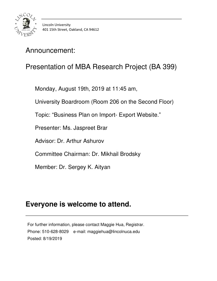 announcement presentation of mba research project ba 399