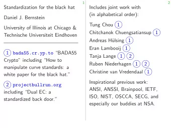 Standardization for the black hat  Includes joint work with  (in alphabetical order):  Daniel J.