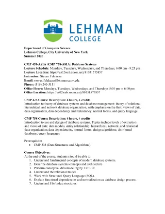 Department of Computer Science Lehman College, City University of New York  Summer 2020  CMP