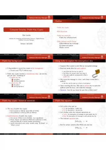 Outline  Public key crypto  Computer Security: Public Key Crypto  RSA Essentials  Bart Jacobs