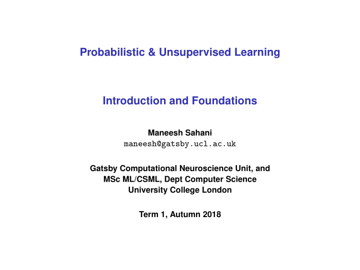 probabilistic unsupervised learning introduction and