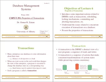 Database Management  Objectives of Lecture 6  Systems  Properties of Transactions  Properties of