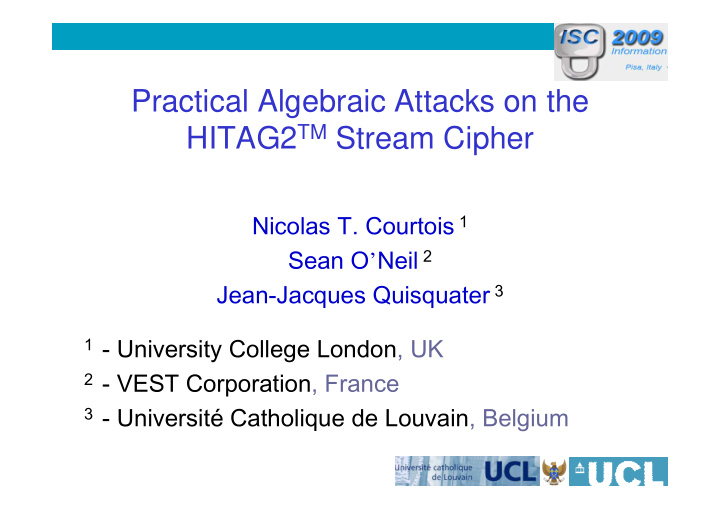 practical algebraic attacks on the hitag2 tm stream cipher