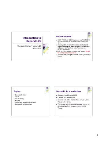 Introduction to  NEXT TUESDAY (25th November) and THURSDAY  Second Life  (27th November) we will