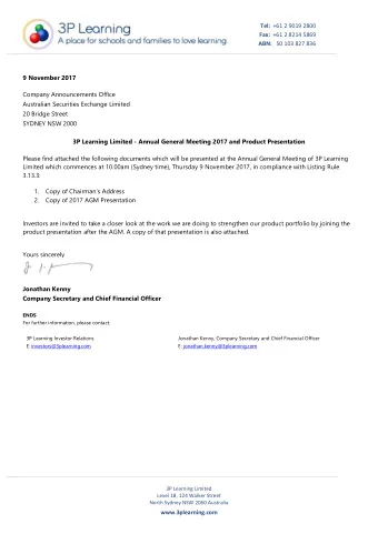 Tel: +61 2 9019 2800 Fax: +61 2 8214 5869 ABN: 50 103 827 836  9 November 2017  Company