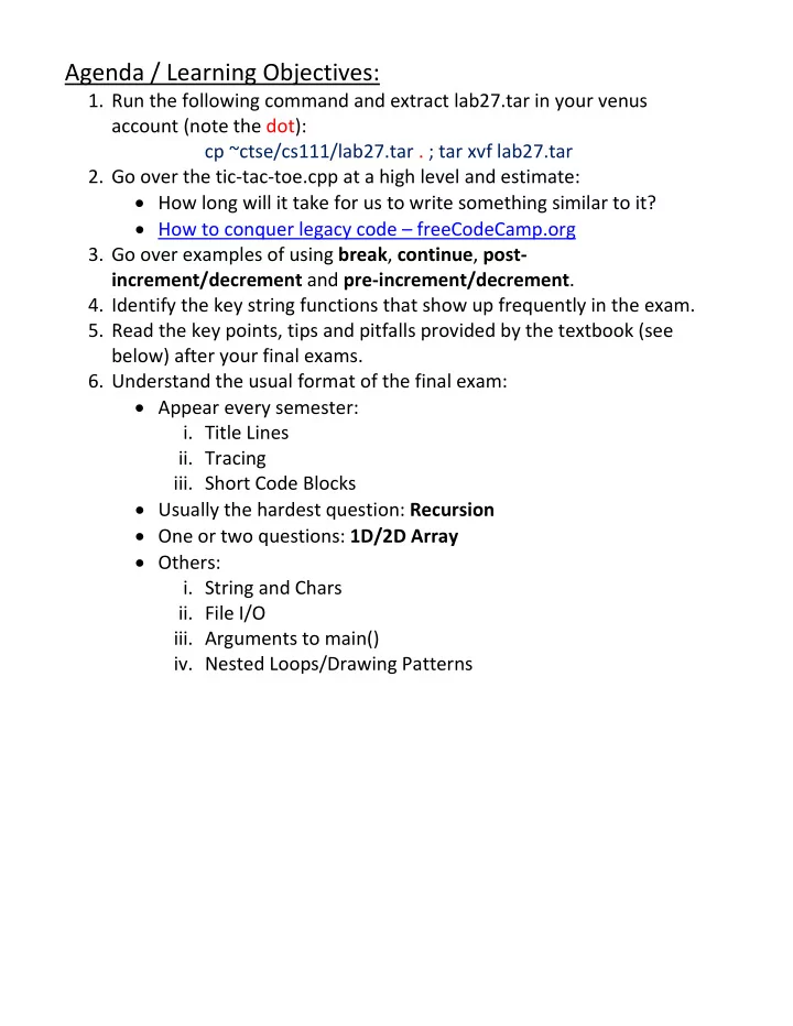 agenda learning objectives