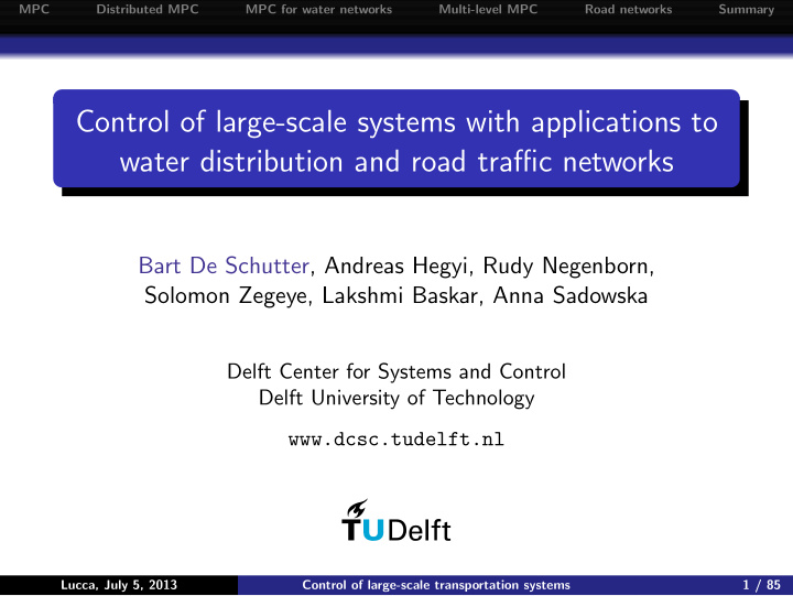 control of large scale systems with applications to water
