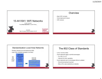 Overview  Basic WiFi concepts  Some deployment issues  WiFi versions  15-441/641: WiFi